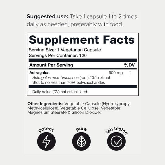 Astragalus - Ultra High Potency 20:1 Extract With 70% Polysaccharides - Highly Concentrated - Third-Party Lab Tested - 120 Capsules