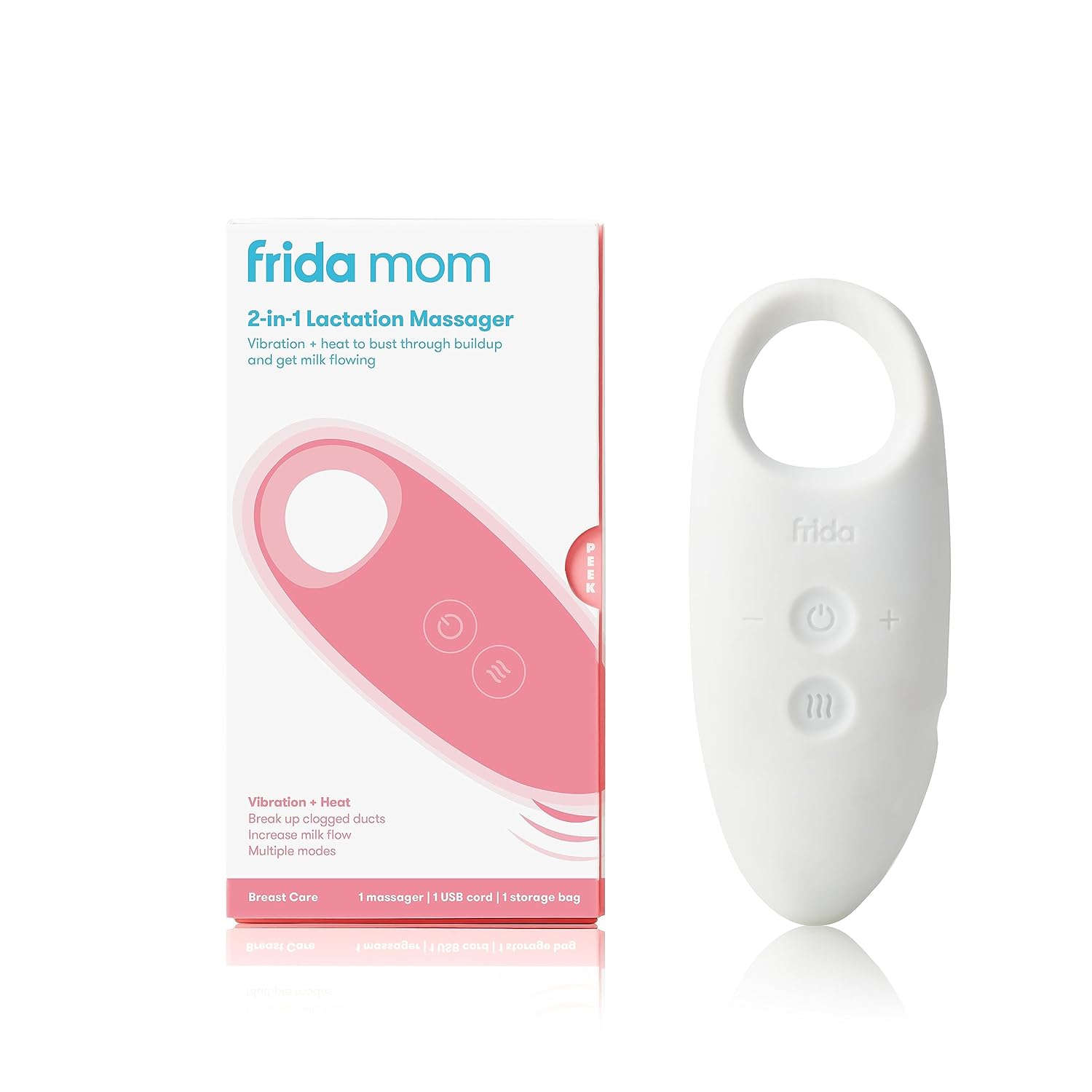 Frida Mom 2-In-1 Lactation Massager, Multiple Modes Of Heat + Vibration For Clogged Milk Ducts, Increase Milk Flow, Breast Engorgement - Usb Cord Included, White