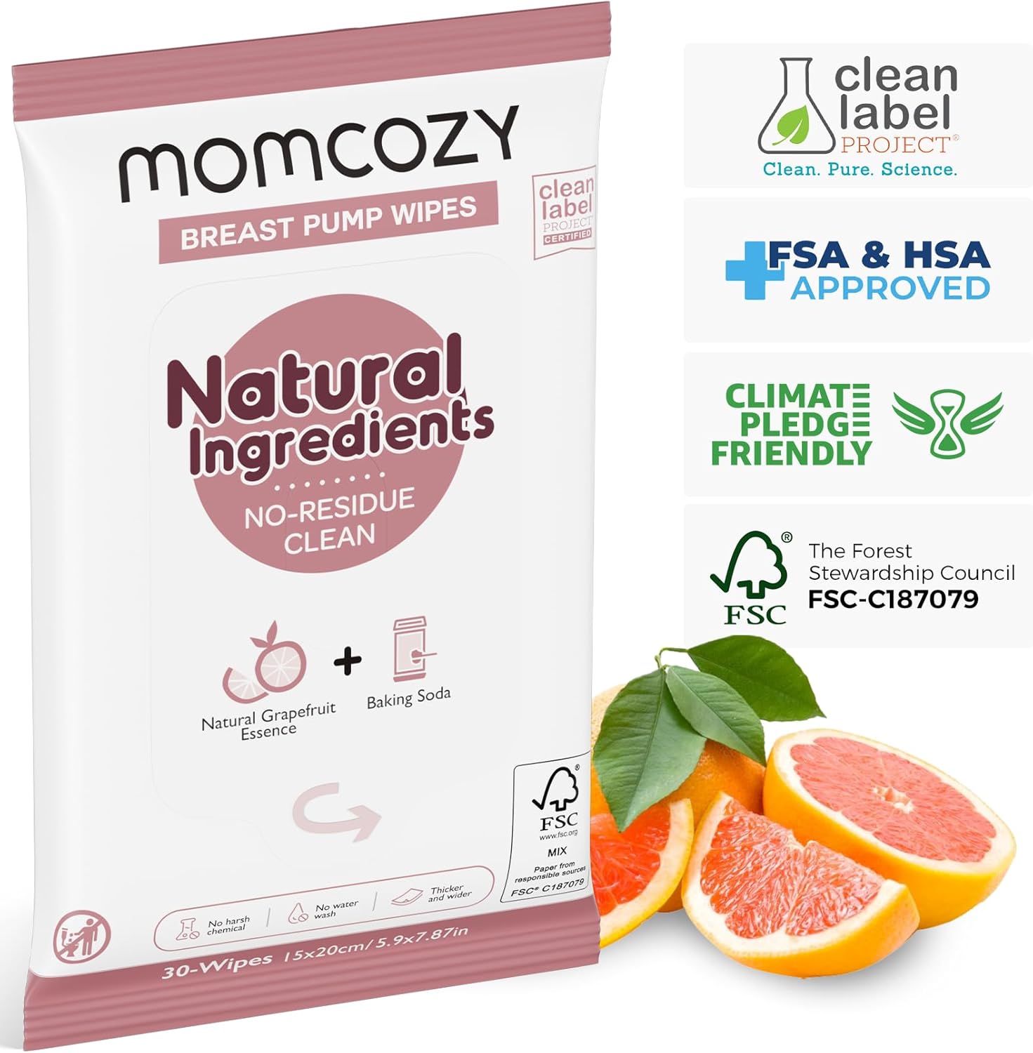 Momcozy Natural Breast Pump Wipes for Pump Parts Cleaning On-the-go, 30 Count (Pack of 3), Flash Clean & Resealable Pump Wipes : Baby