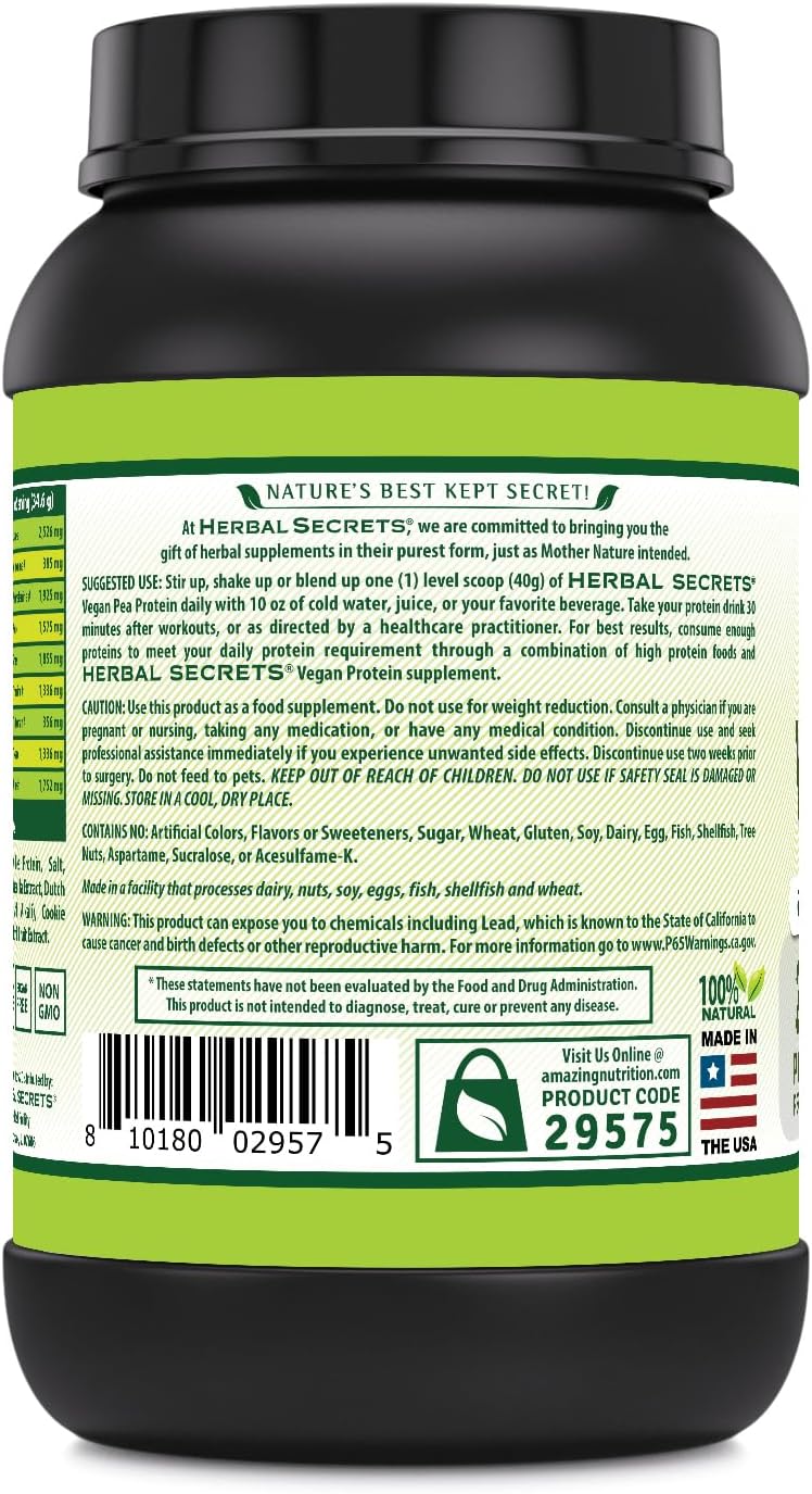 Herbal Secrets Vegan Protein | Cookies & Cream Flavor | 28 Grams Protein | 23 Servings | 6.2 Grams BCAA Supplement | Made in USA : Health & Household