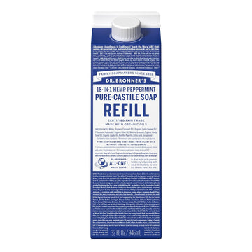 Dr. Bronner's - Pure-Castile Liquid Soap Refill, 82% Less Plastic per Quart, Made with Organic Oils, 18-in-1 Uses, For Face, Body, Hand Soap Refill, Hair, Laundry, Pets & Dishes (32oz, Peppermint)