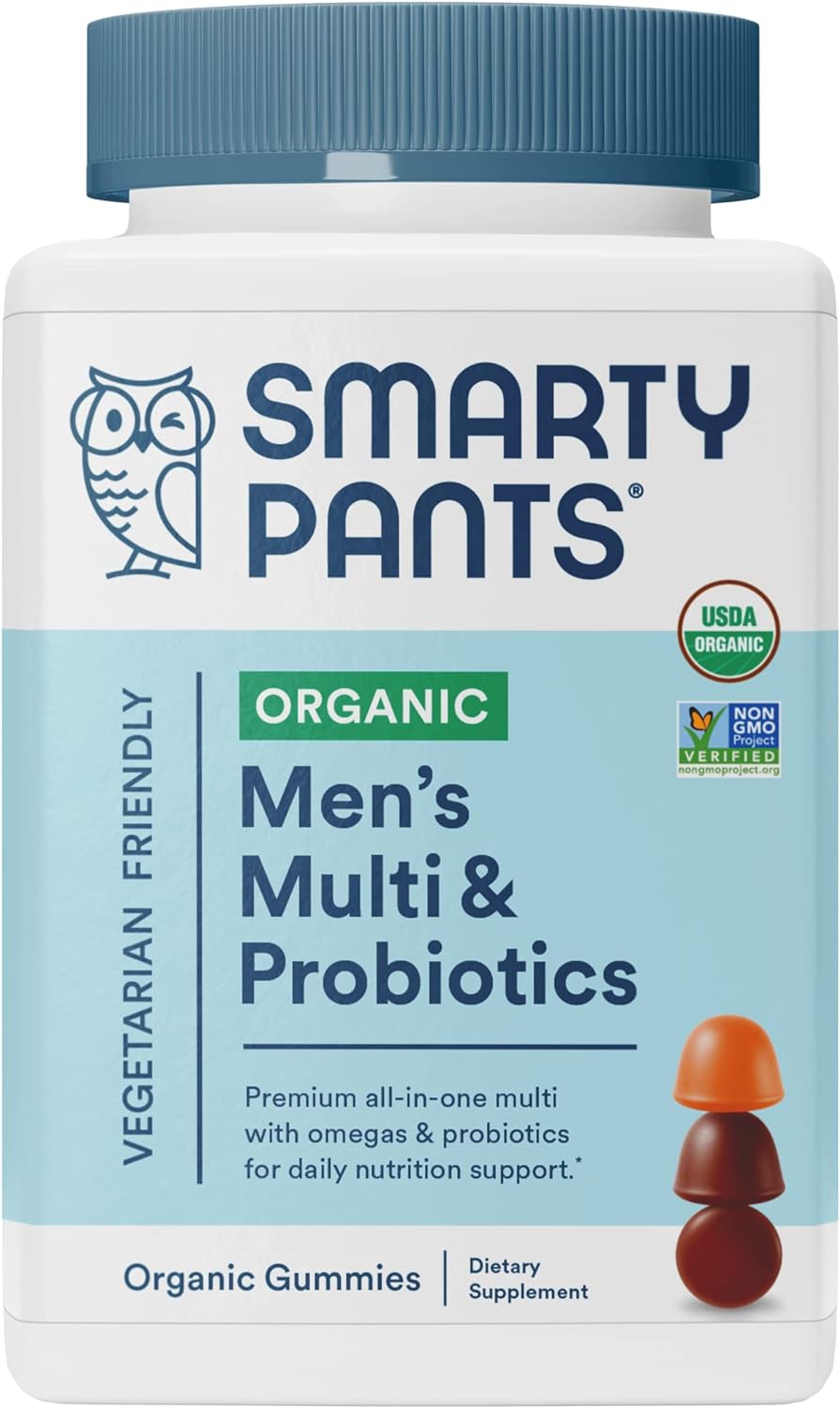 Smartypants Organic Mens Multivitamins, Daily Gummy Vitamins: Probiotics, Vitamins C, D3, B12, Zinc & Omega 3 For Immune Support, Digestive Health, Energy, & Bone Health, 120 Gummies, 30 Day Supply