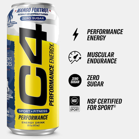 C4 Performance Energy Drink | Zero Sugar Carbonated Preworkout Energy | 200Mg Caffeine With Beta Alanine | Mango Foxtrot | 16 Fl Oz (12 Pack)