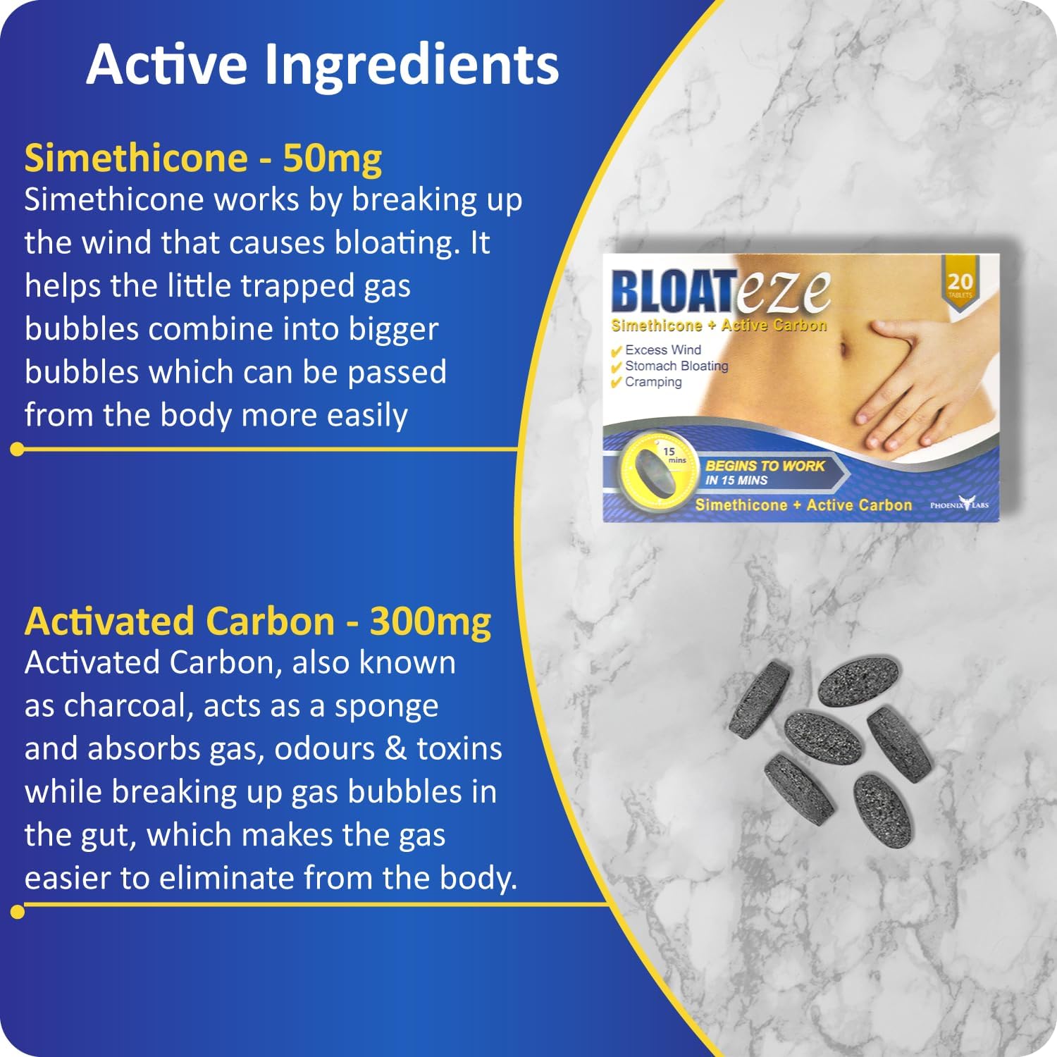 Bloateze Stomach Bloating, Cramping & Trapped Wind Relief For Adults | Begins To Work In 15 Minutes | With Active Carbon (20 Tablets)