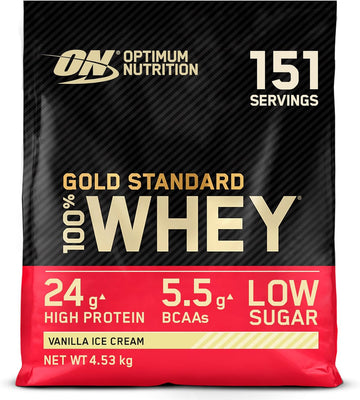 Optimum Nutrition Gold Standard 100% Whey Muscle Building And Recovery Protein Powder With Naturally Occurring Glutamine And Bcaa Amino Acids, Vanilla Ice Cream Flavour, 151 Servings, 4.53 Kg