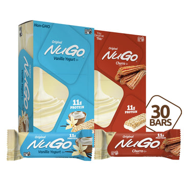 Nugo Original Variety, Vanilla Yogurt 15 Bars & New! Churro 15 Bars, 11G Protein, Gluten Free, 30 Count