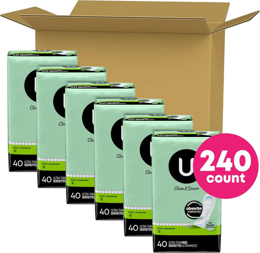 U By Kotex Clean & Secure Ultra Thin Pads, Heavy Absorbency, 240 Count (6 Packs Of 40) (Packaging May Vary)