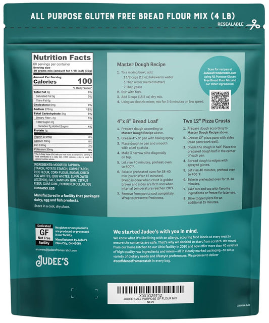 Judee's All Purpose Gluten Free Bread Flour Mix 4 lb - Make Homemade Bread, Pizza Crusts, Bagels, Buns, English Muffins, Focaccia and More - Great for Baking and Cooking