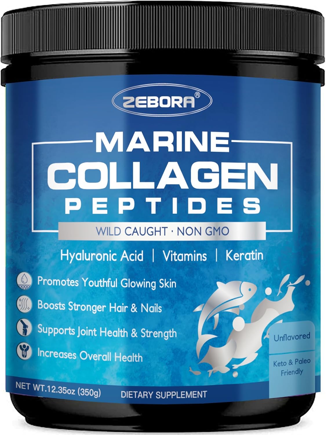 Zebora Marine Collagen Peptides Powder With Hyaluronic Acid, Keratin - Wild Caught Hydrolyzed Fish Collagen With Multivitamins - Support Skin Hair Nail Joints, Keto Friendly, 35 Servings