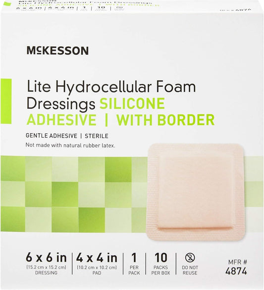 Mckesson Thin Silicone Hydrocellular Foam Wound Care Dressing 6 X 6 Inches Square Adhesive Bandage With Border, 10 Count, 1 Pack