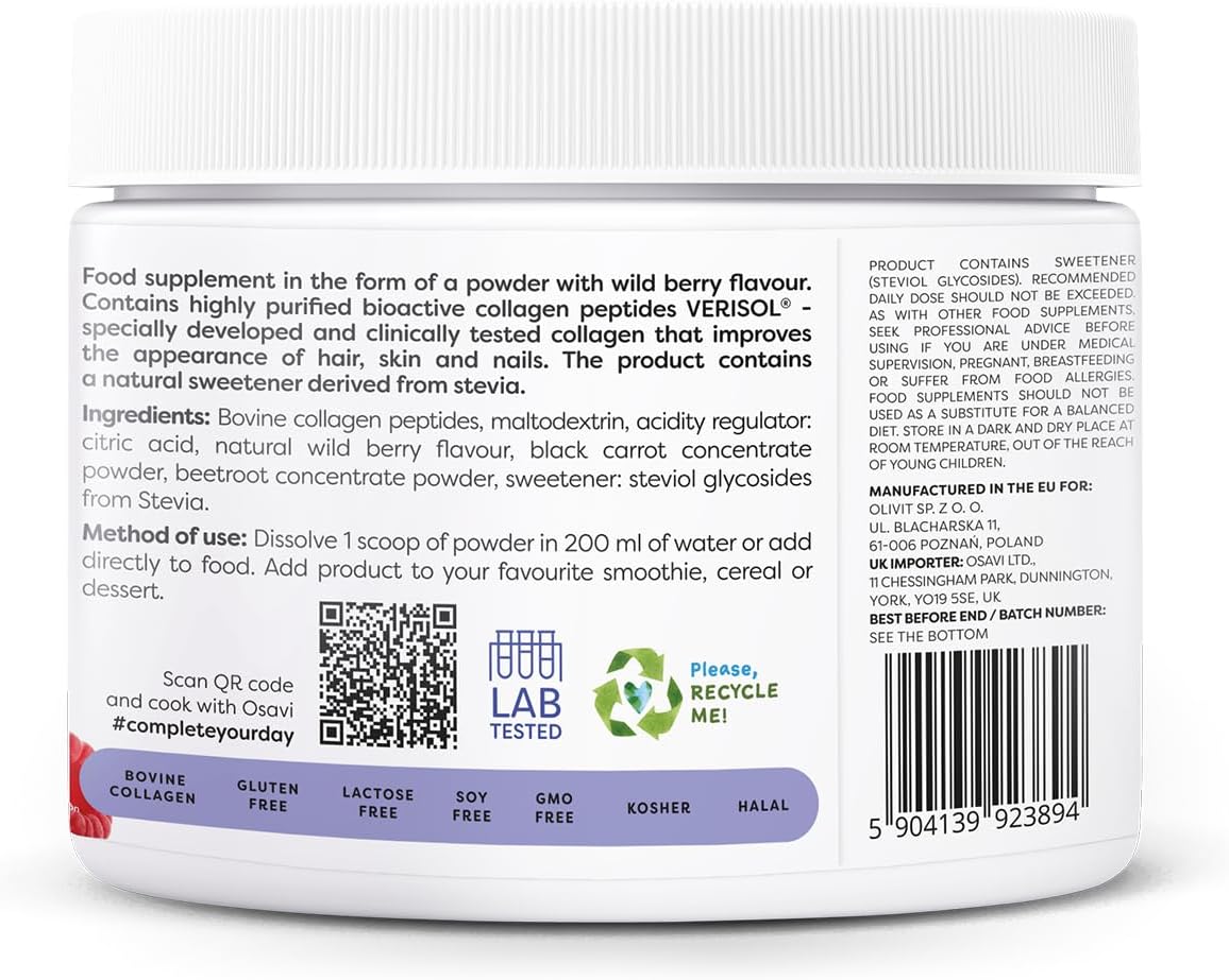 Osavi Collagen Hair, Skin & Nails – 150 g Powder | 60 Doses | Wild Berry Flavor | VERISOL® Collagen Peptides for Hair Thickness, Skin Elasticity & Nail Strength | Reduces Wrinkles & Cellulite : Amazon.co.uk: Health & Personal Care