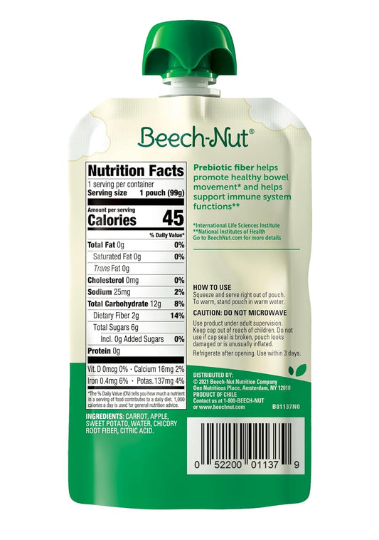 Beech-Nut Baby & Toddler Food Pouches With Prebiotic Fiber, Carrot Apple & Sweet Potato, 3.5 Oz (12 Pack)