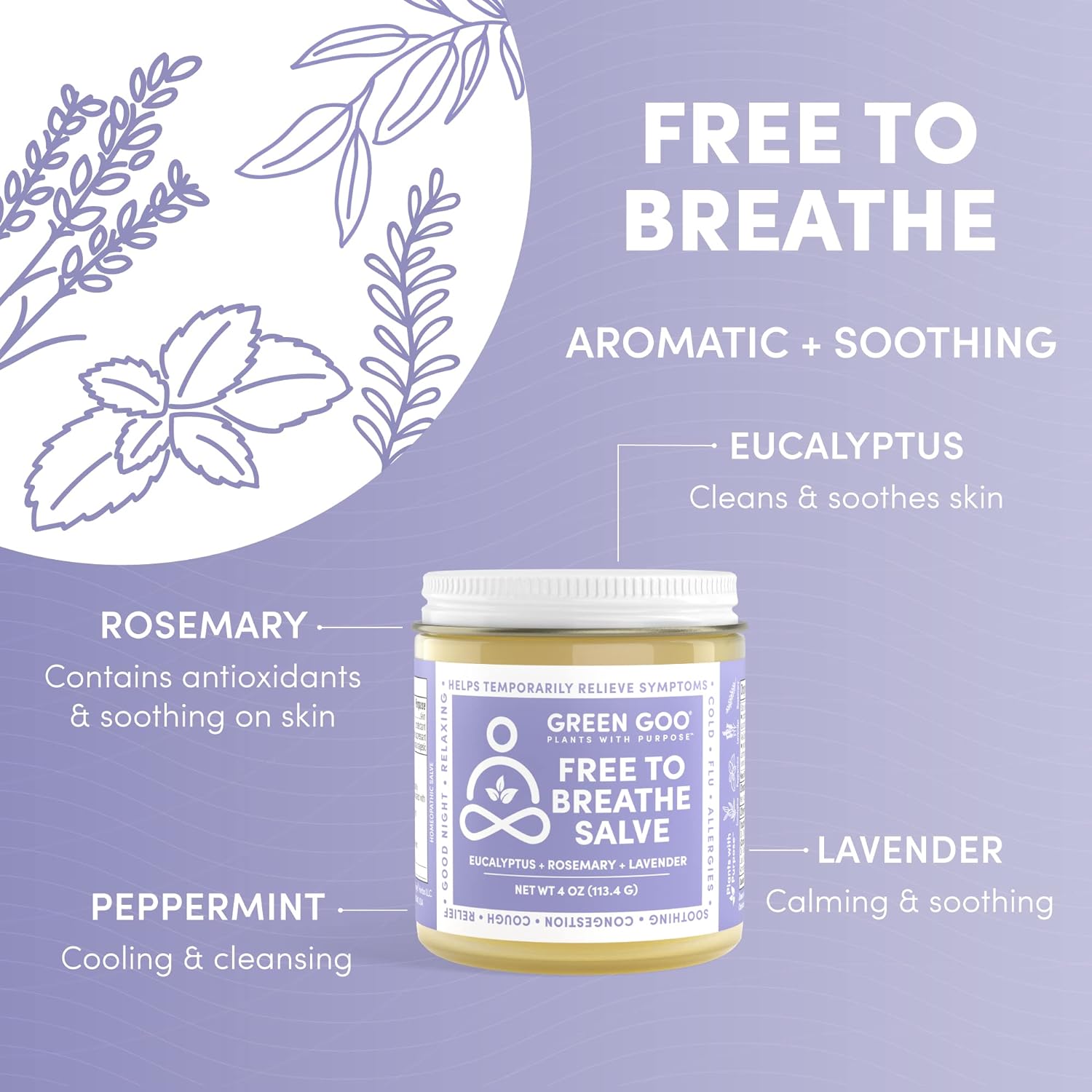 Green Goo Free To Breathe Natural Decongestant, Chest Rub Cream For Relief From Congestion & Difficulty Breathing, Promotes Restful Sleep, 4 Oz : Health & Household