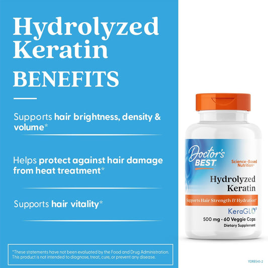 Doctors Best Hydrolyzed Keratin, Supports Hair Strength & Hydration, Non-Gmo, Gluten Free, Soy Free 60 Veggie Caps