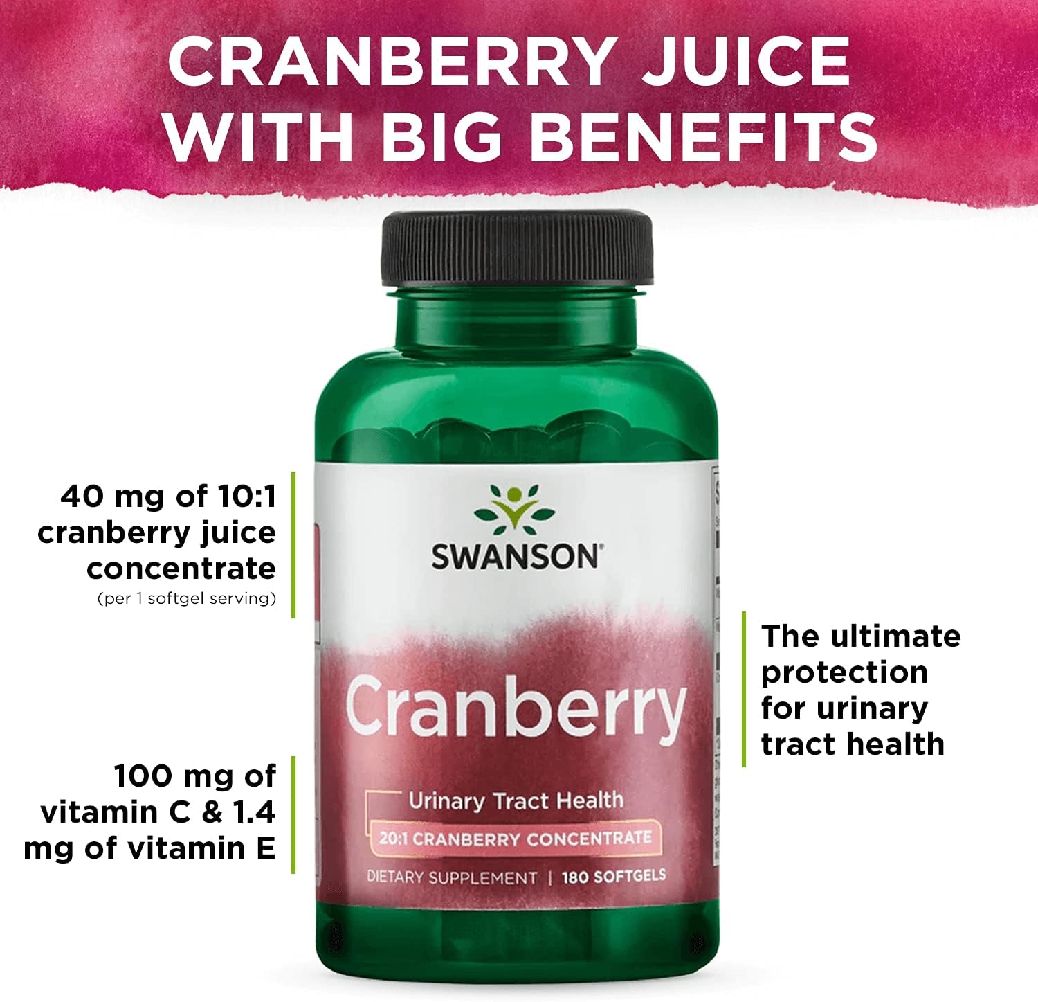 Swanson Cranberry - Supports Urinary Tract Health, Bladder Control, and Promotes Healthy Kidney Function - Cranberry Supplement Made with 20:1 Cranberry Juice Concentrate - (180 Softgels) : Health & Household