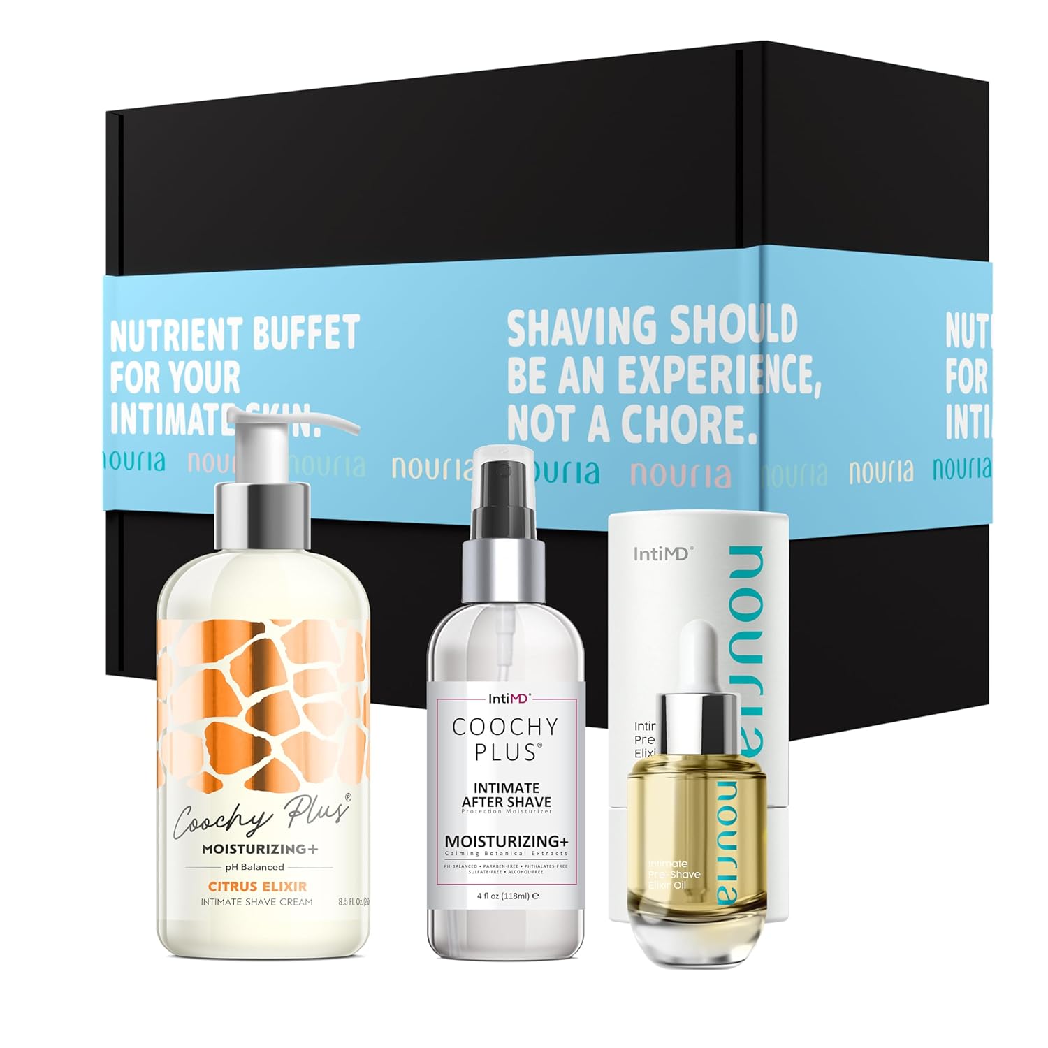 Coochy Plus Hydrolock Moisturizing+ 3-Steps Kit Intimate Shave Gift Set: Nouria Pre-Shave Elixir Oil + Coochy Plus Shave Cream Citrus Elixir + Coochy Plus After Shave Protection Mist