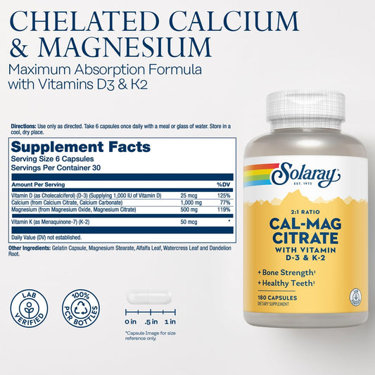 Solaray Cal-Mag Citrate 2:1 With D-3 & K-2 Capsules 180 Count