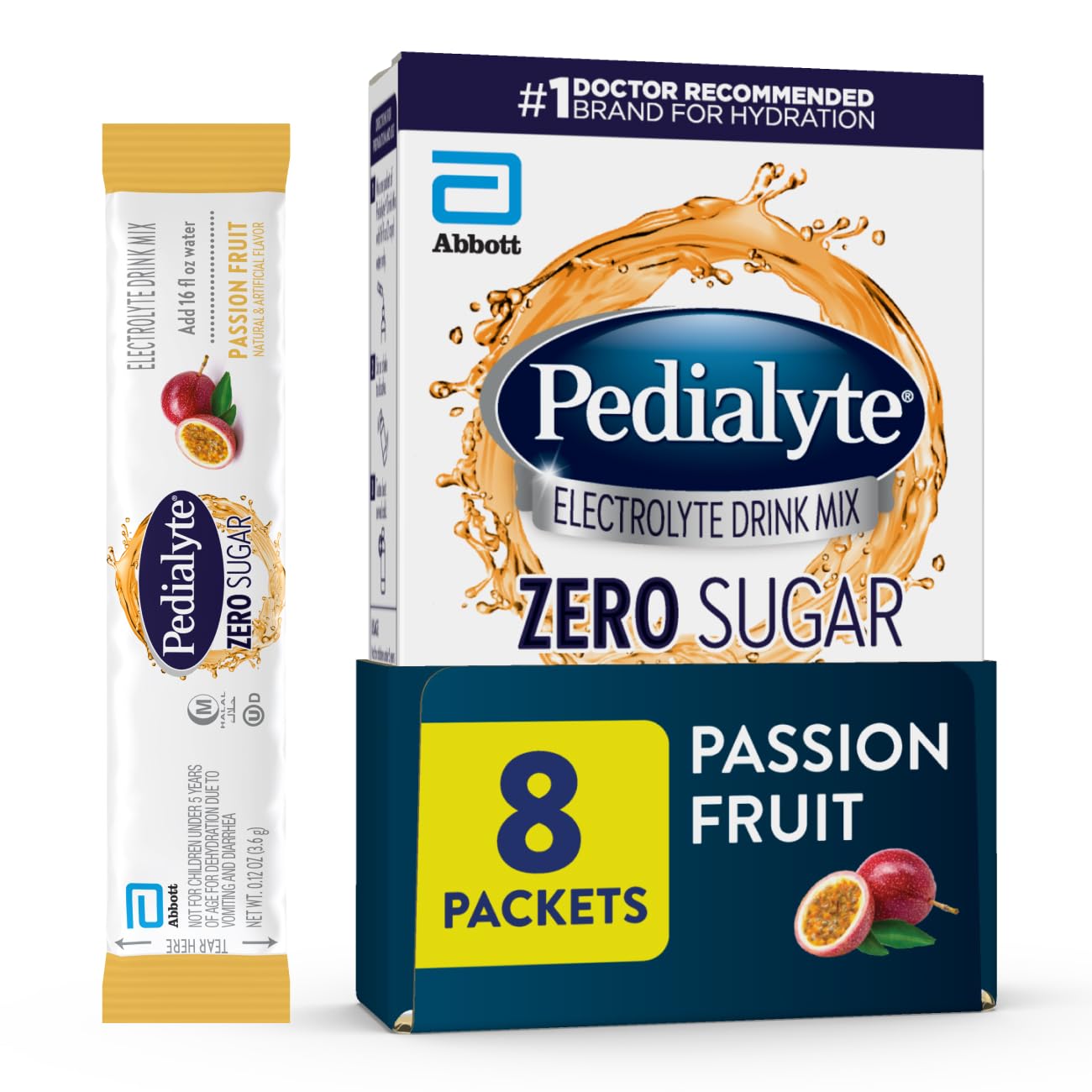 Pedialyte Electrolyte Drink Mix, Zero Sugar, Passion Fruit, 8 Single-Serving Powder Packets