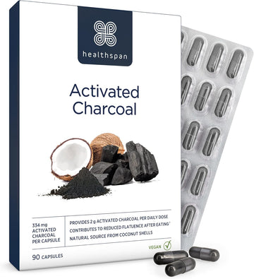 Healthspan Activated Charcoal (90 Capsules) | Contributes To Reduced Flatulence After Eating | 334Mg Activated Charcoal Per Capsule | Natural Source From Coconut Shells | Vegan
