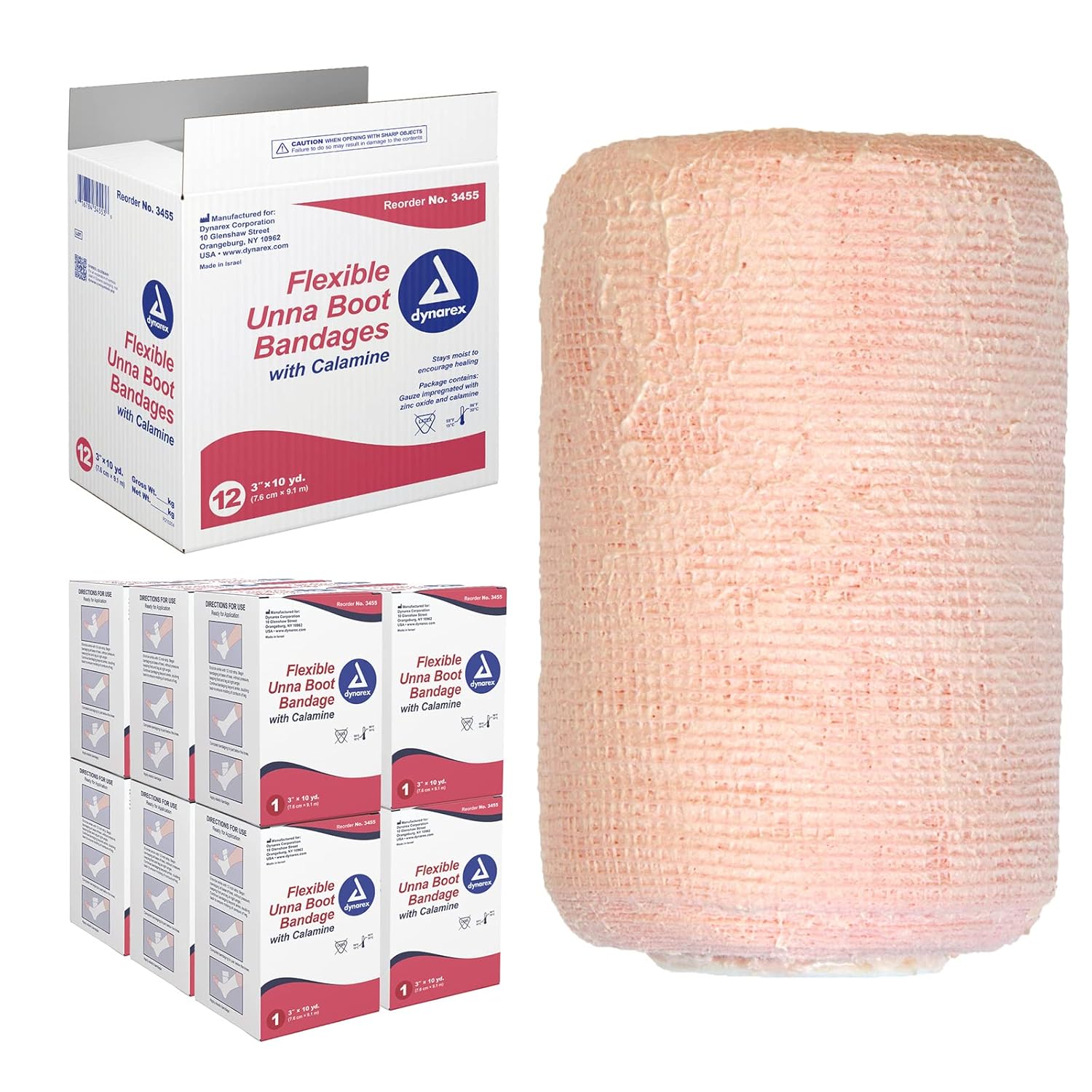 Dynarex 3455 Unna Boot Bandage, Individually Packaged, Provides Customized Compression, With Calamine, Soft Cast, 3" X 10 Yard, Pack Of 12