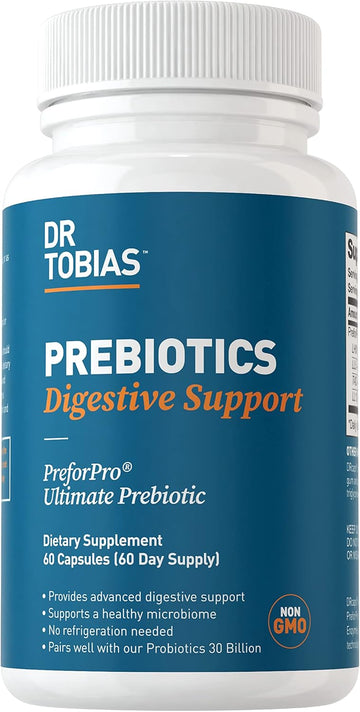 Dr. Tobias Prebiotics Digestive Support, Advanced Prebiotic Supplement For Gut Health, Immune Function & Boost For Probiotics For Women & Men, Vegan, Non-Gmo, 60 Capsules, 60 Servings