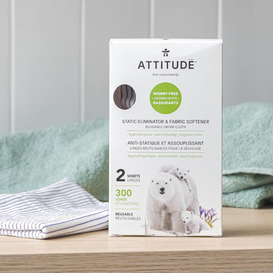 Attitude Static Eliminator And Fabric Softener, Reusable Dryer Cloth, Hypoallergenic And Fragrance-Free, Vegan And Cruelty-Free Household Products, 300 Loads, 2 Sheets