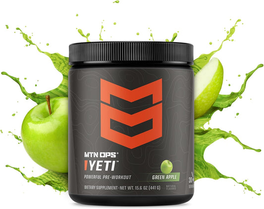 Mtn Ops Yeti Pre-Workout Powder Energy Drink With Creatine, 200Mg Caffeine & Bcaas With Beta Alanine, 30-Serving Tub, Green Apple