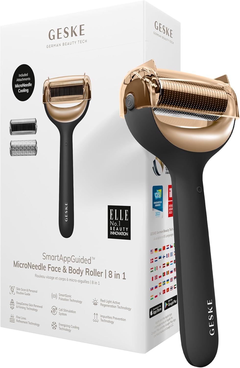 Geske Smartappguided™ Microneedle Face & Body Roller | 8 In 1 | Derma Roller | Electric Roller | Microneedling Device | Needle Roller | Beauty Roller For Face And Body