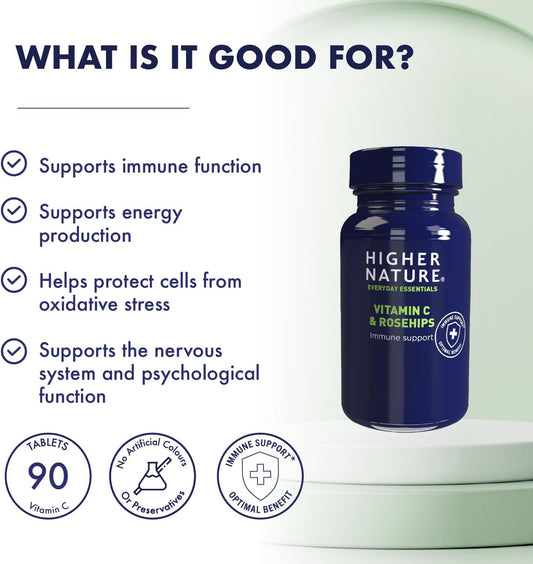 Higher Nature - Vitamin C & Rosehips - For Immunity - 1000Mg Vitamin C - Immune System Support - 90 Tablets