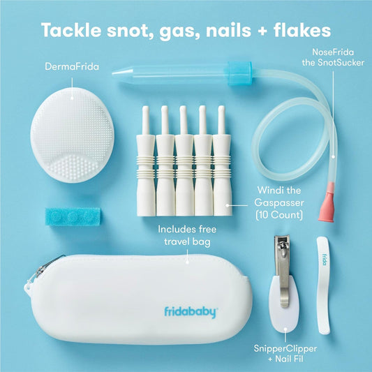 Frida Baby Basics Kit | Baby Essentials Kit Includes Nasal Aspirator Snotsucker, Nailfrida Nail Files, Windi Gas Relief, Dermafrida Bath Brush + Silicone Carry Case