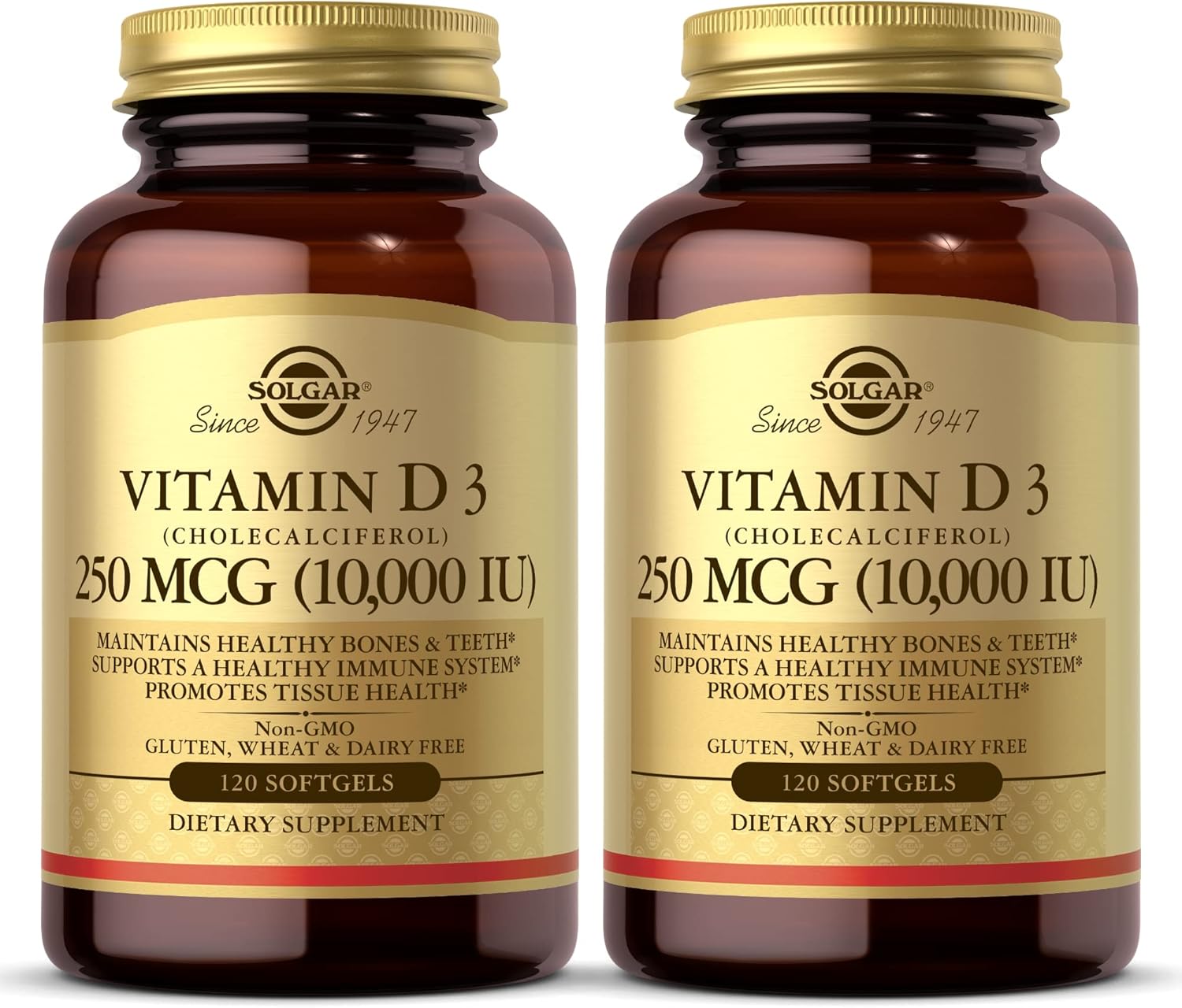 Solgar Vitamin D3 (Cholecalciferol) 250 Mcg (10,000 Iu), 120 Softgels - 2 Pack - Helps Maintain Healthy Bones & Teeth - Immune System Support - Non-Gmo, Gluten Free, Dairy Free - 120 Servings