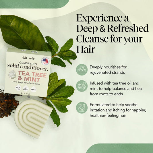 Kitsch Tea Tree & Mint Conditioner For Women And Men - Clarifying Anti Dandruff Solid Conditioner Bar - Hair Color Safe, Hair Care For All Hair Types - Organic, Vegan, Sulfate Free - 2.7 Oz