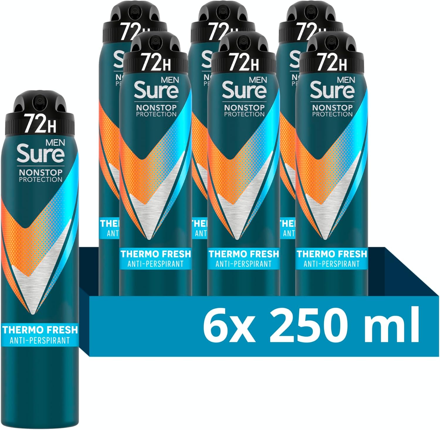 Sure Thermo Fresh Nonstop Protection Antiperspirant Deodorant (6X 250 Ml) With Body Heat Activated Technology Aerosol Spray For 72-Hour Sweat And Odour Protection 6X 250 Ml