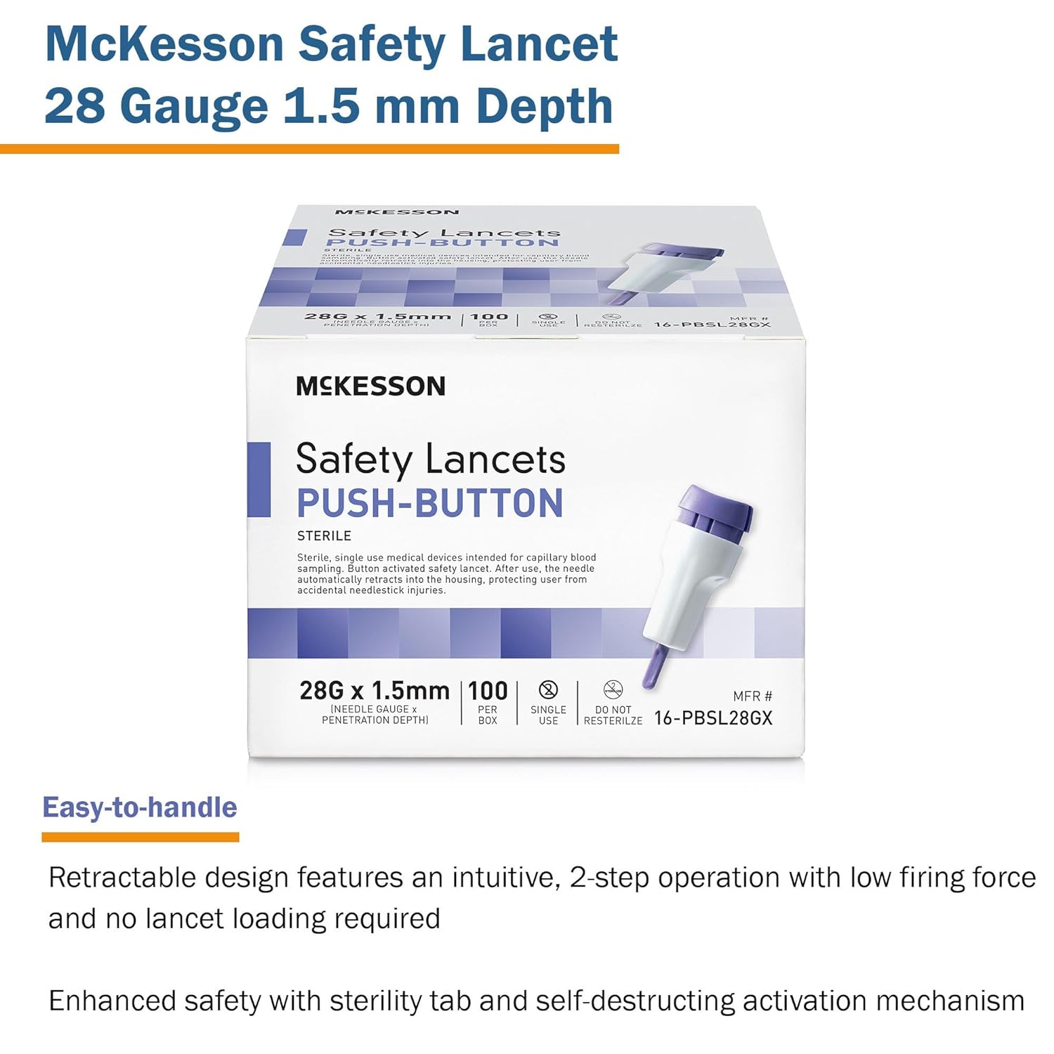 McKesson Safety Lancet, Retractable, Push Button Activation - Ideal for Blood Testing - Sterile, Single Use, 28 Gauge, 1.5mm Depth, 100 Count, 1 Pack : Health & Household