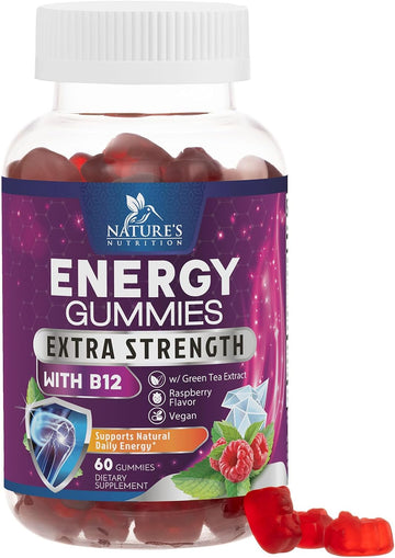 Energy Gummies Vitamin B12, Green Tea Natural Caffeine Support, Extra Strength 1000 Mcg Daily Energy Vitamins, Delicious Berry Flavor Gluten Free Chewable Supplement For Cycling & Running - 60 Chews
