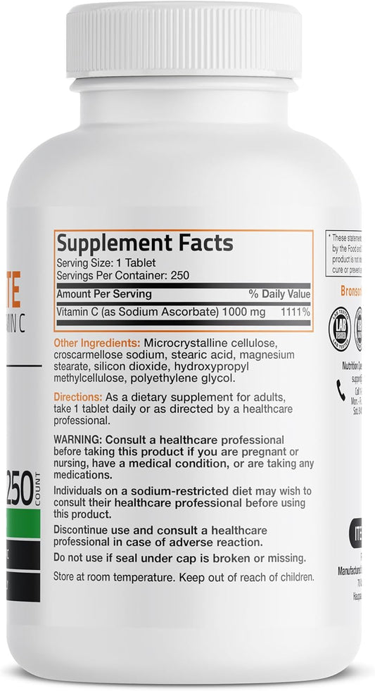 Sodium Ascorbate Non Acidic Vitamin C 1000 Mg Tablets - Gentle On The Stomach - Immune System Booster - Powerful Antioxidant - Non Gmo Vitamin C Supplement, 250 Count