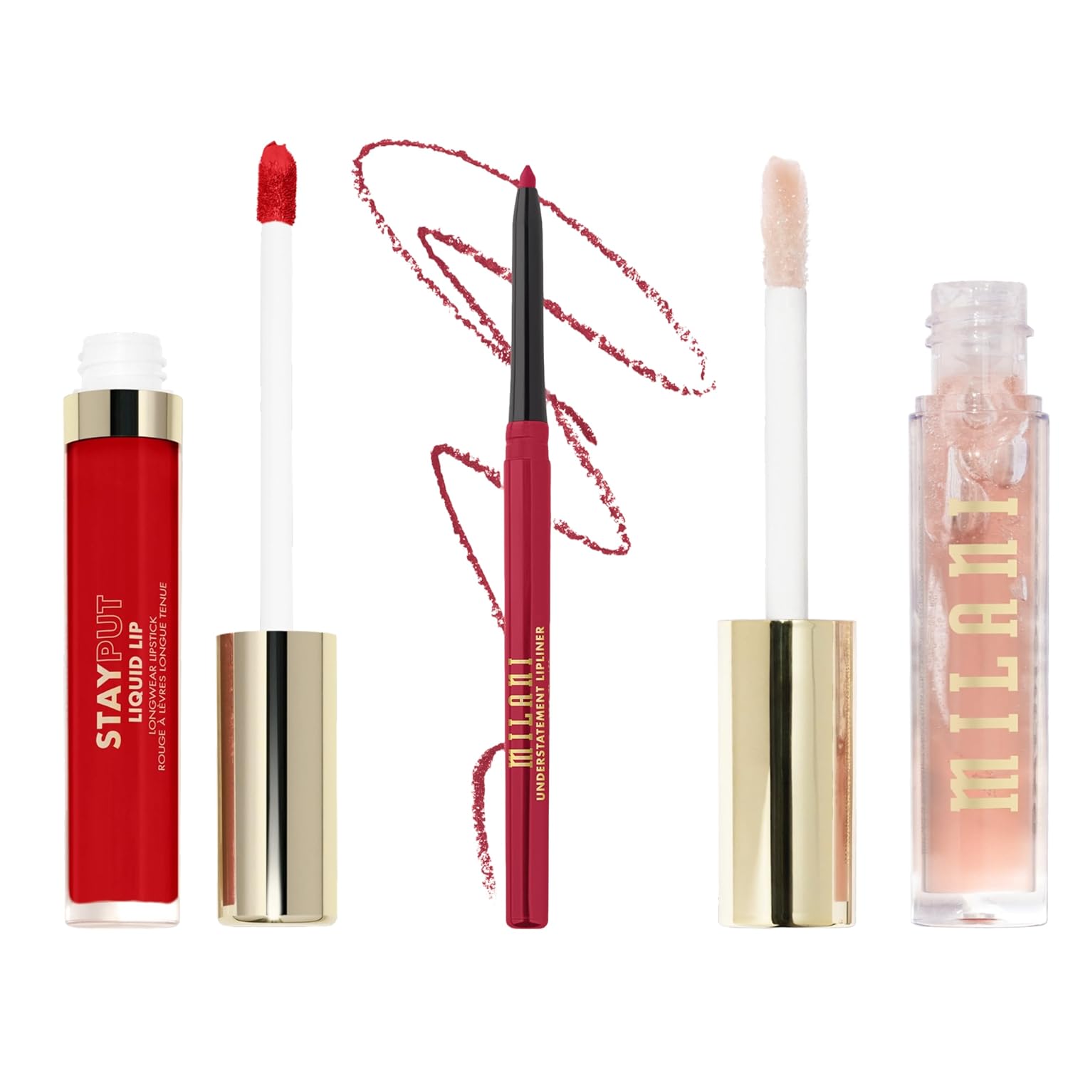 Milani Stay Put Longwear Liquid Lipstick + Understatement Lipliner Pencil - Highly Pigmented Retractable Soft Lip Liner Pencil + Keep It Full Maxxx Balmshell Lip Plumping Balm - Balmshell