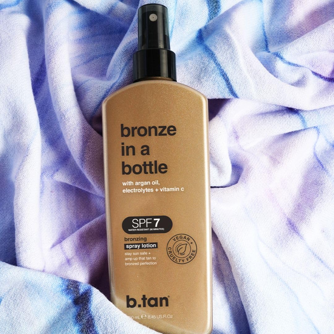 b.tan Sun Tanning Lotion Spray | Bronze In a Bottle - SPF 7 Outdoor Bronzing Spray Lotion, Packed with Argan Oil, Electrolytes, & Vitamin C, Vegan Friendly, Cruelty Free, 8.45 Fl Oz