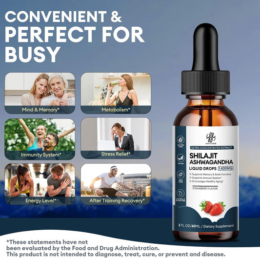 Shilajit Liquid Drop With Ashwagandha For Enhanced Energy And Immune Support, Shilajit For Men Energy Booster, Sugar-Free, Strawberry Flavor, 2 Fl Oz
