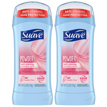 Suave Deodorant for Women, Powder – Invisible Solid Antiperspirant Deodorant Stick, 48H Protection, Anti-Staining, Cruelty-Free, Scented, 2.6 Oz (Pack of 2)