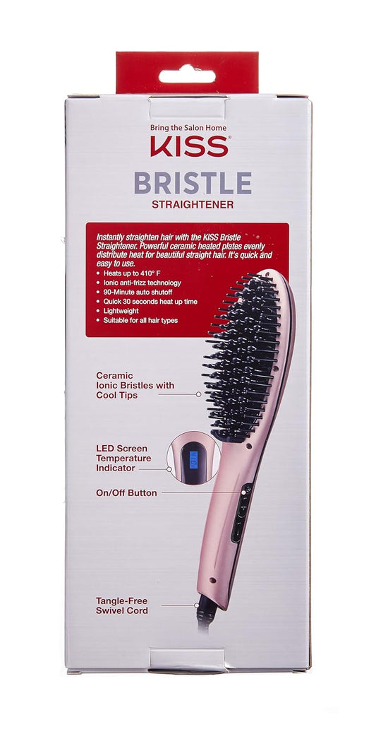Kiss Bristle Hair Straightener Heat Brush, Digital Temperature Control Up To 410°F, 90-Minute Auto Shutoff, Cool-Tip Ionic Bristles, Lightweight Handle, 360° Swivel Cord, Pink, 1.25 Lbs
