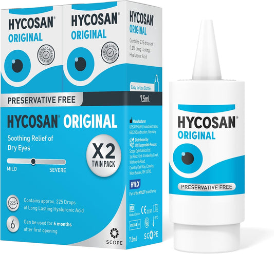 Hycosan Original - Twin Pack - Eye Drops With Hyaluronic Acid For Treatment And Rapid Relief Of Mild To Moderate Dry Eyes - Preservative Free - 2 X 225 Measured Doses