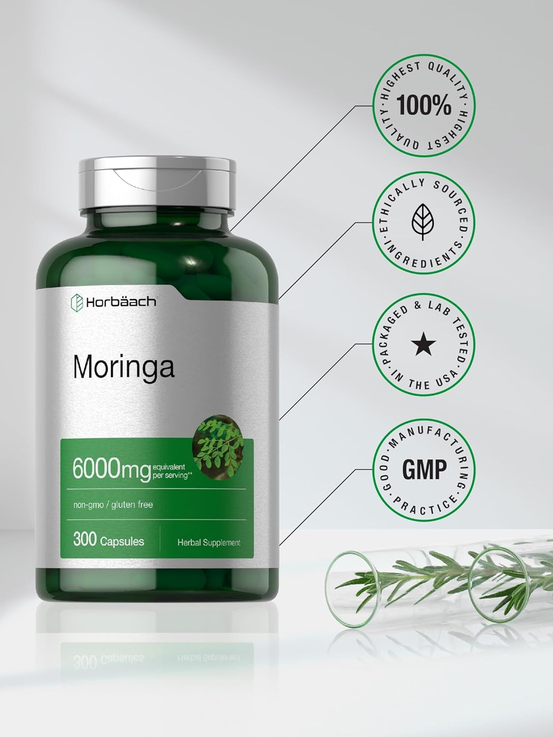 Horbäach Moringa Oleifera | 6000mg | 300 Powder Capsules | Non-GMO and Gluten Free Extract Formula | Complete Green Superfood : Health & Household