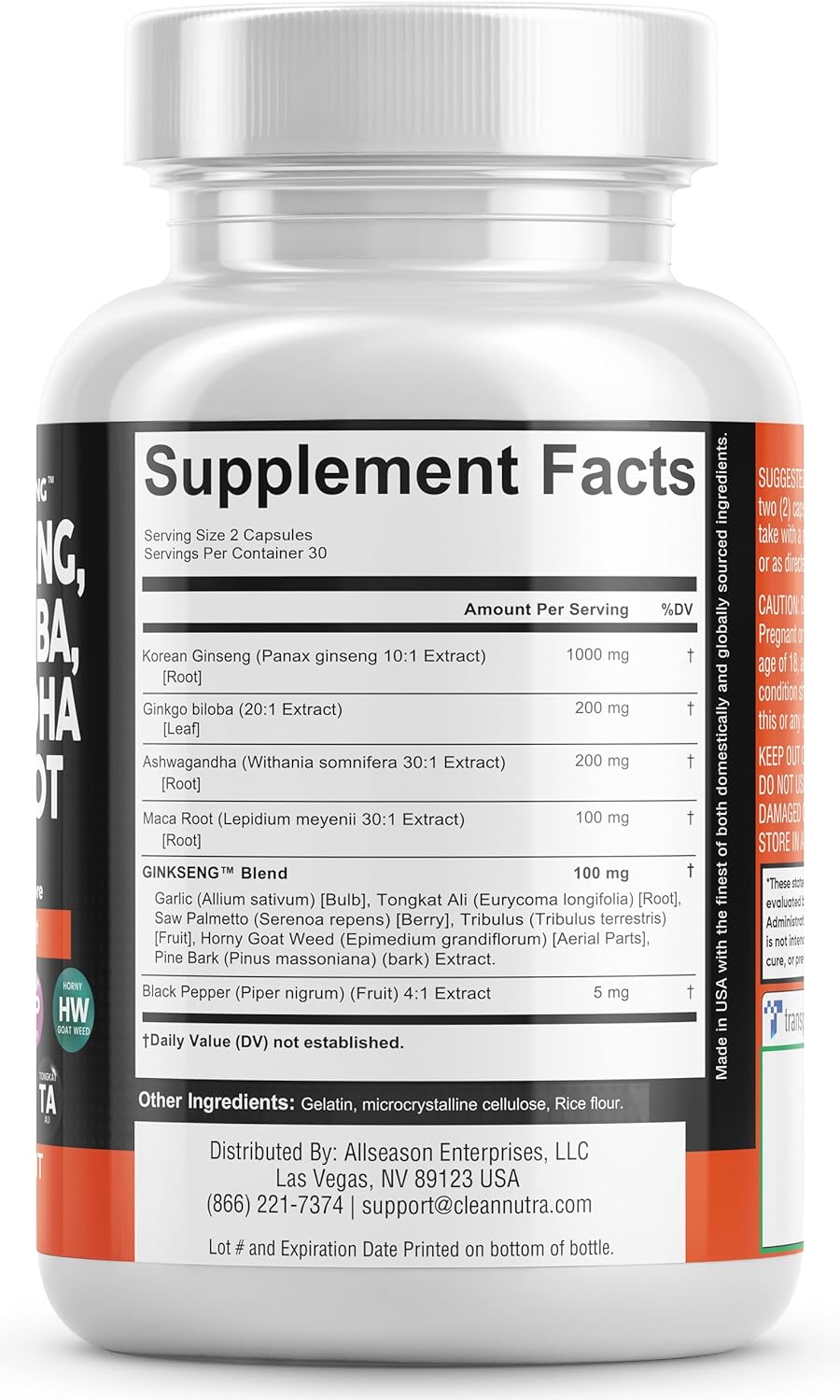 Clean Nutraceuticals Panax Ginseng 10000mg Ginkgo Biloba 4000mg Ashwagandha Maca Root 3000mg - Focus Supplement Pills for Women and Men with Pine Bark Extract, Garlic, and Saw Palmetto - 60 Caps : Health & Household