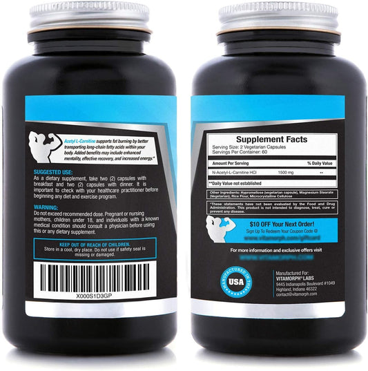 Carnitine 1500 - Acetyl L-Carnitine 1500mg Maximum Strength Carnitine Supplement - Supports Energy, Memory, Focus and Weight Loss Management - 120 Vegetarian Capsules