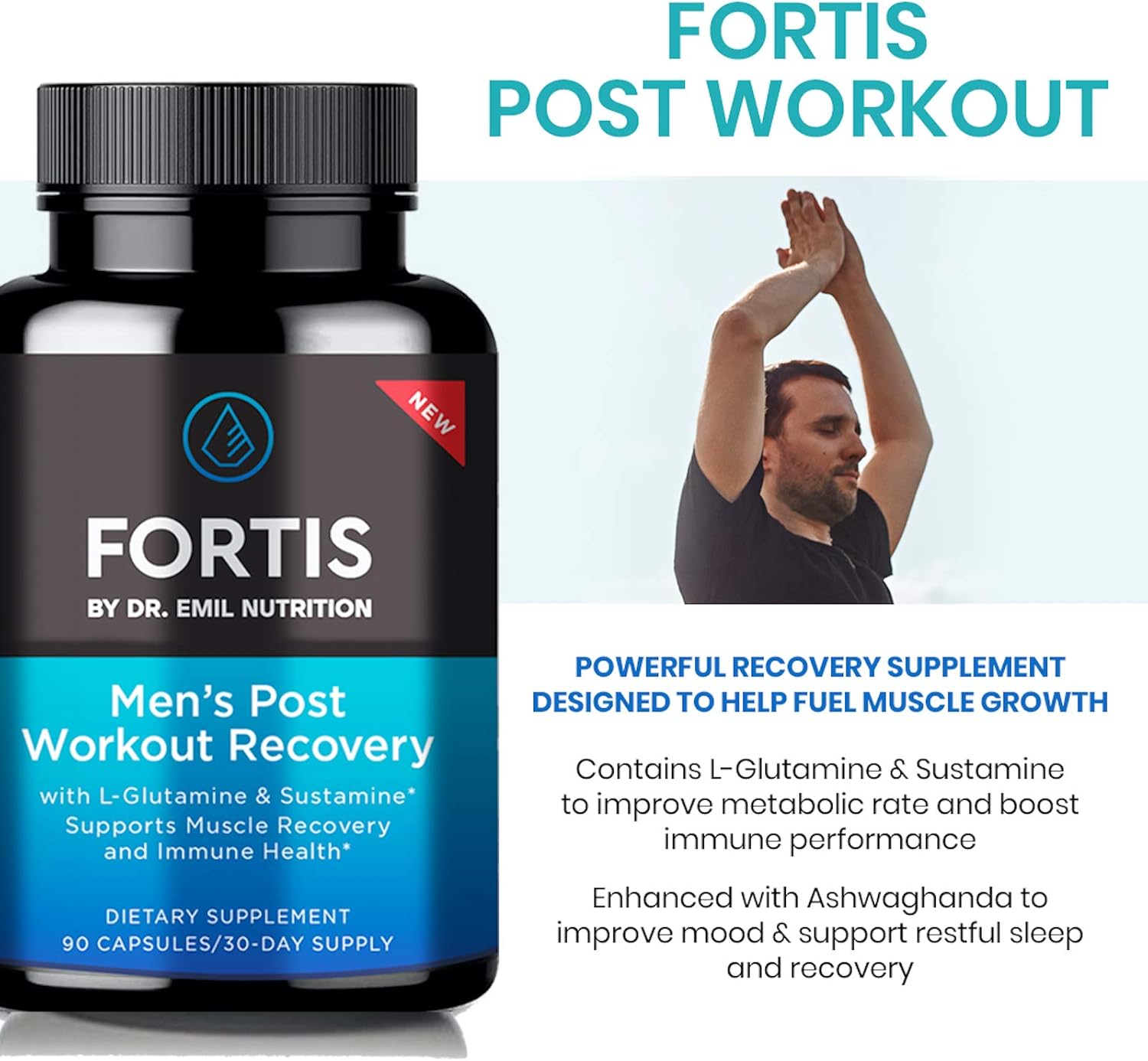 DR. EMIL NUTRITION Fortis Post-Workout Recovery Capsule for Men with L-Glutamine and Sustamine to Support Muscle Recovery & Immune Health, 30 Servings : Health & Household