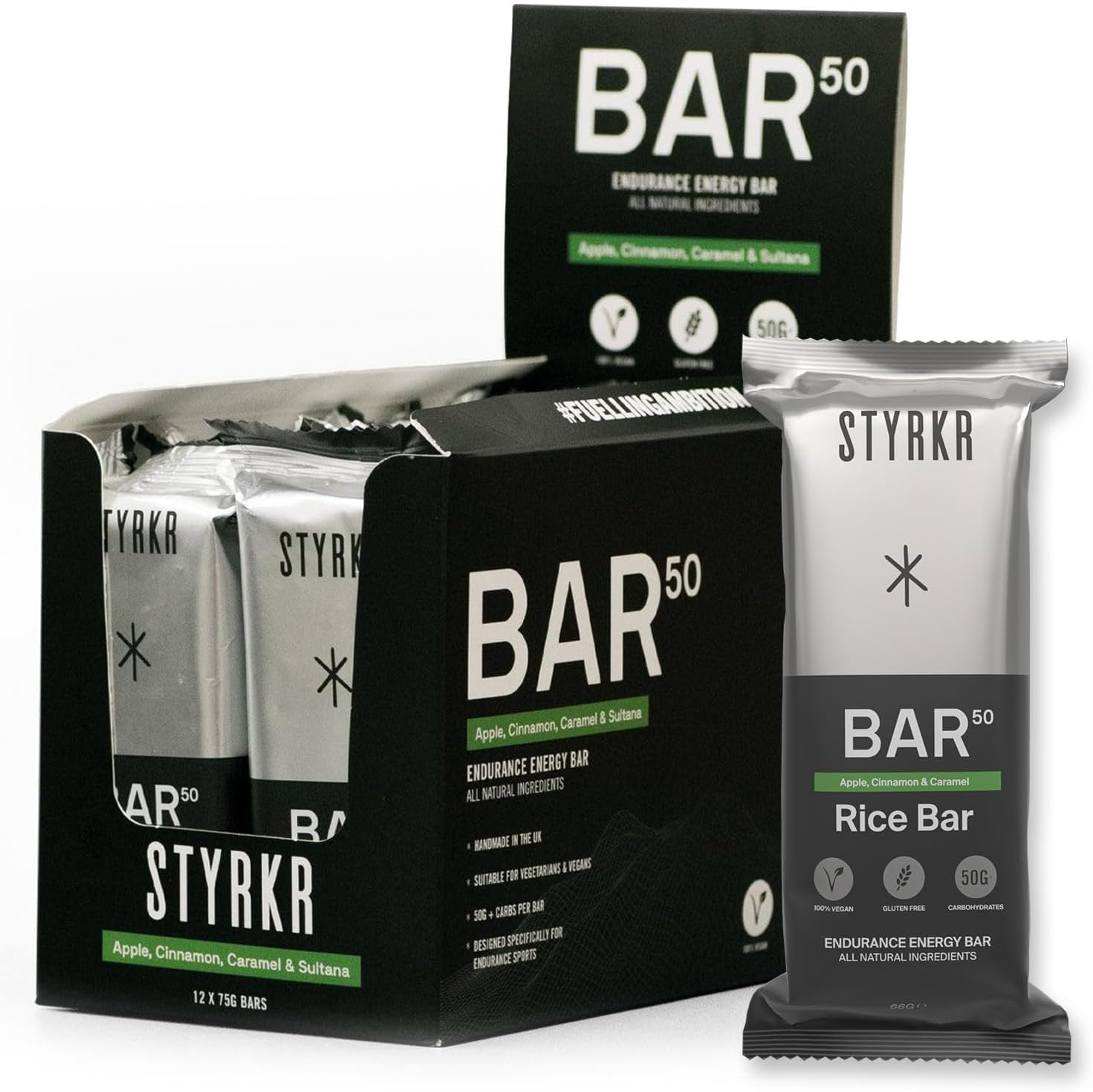 Energy Bars By Styrkr - Pack Of 12 Rice Bars For Cycling & Running - Apple, Cinnamon & Caramel Flavour - Approved By Endurance Athletes - 50G Of Carbs Via Advanced Dual-Carb Formulation - Bar50-12X