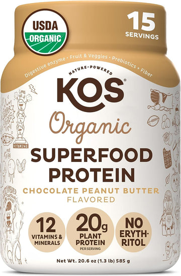 Kos Organic Plant Based Protein Powder, Chocolate Peanut Butter - Delicious Vegan Protein Powder - Keto Friendly, Gluten Free, Dairy Free & Soy Free - 15 Servings