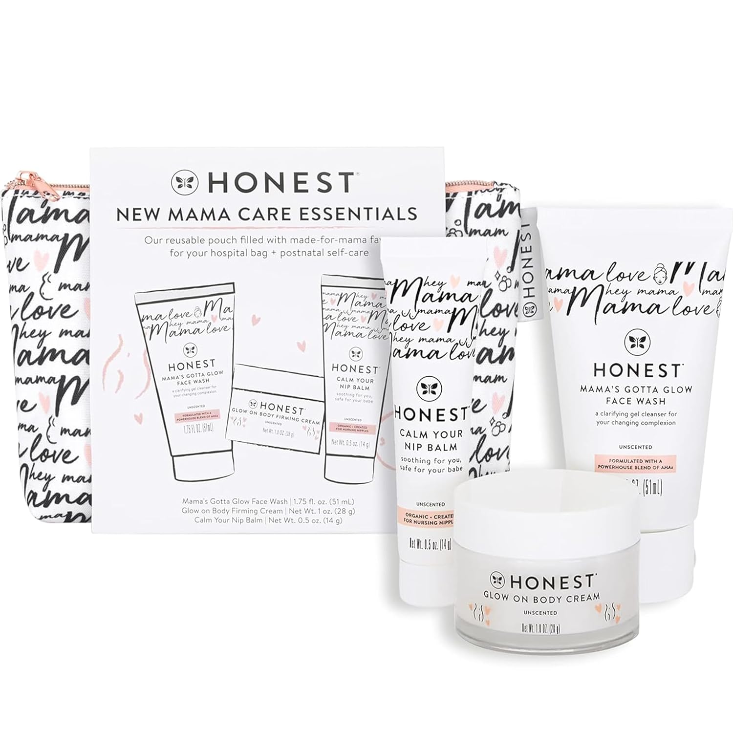 The Honest Company New Mama Care Essentials Gift Set | Hospital Bag Must Haves | Travel Size Nip Balm (0.5 Oz), Glow On Body Cream (1 Oz), Gotta Glow Face Wash (1.75 Fl Oz), Reusable Pouch