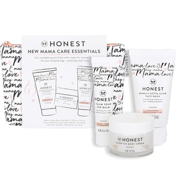 The Honest Company New Mama Care Essentials Gift Set | Hospital Bag Must Haves | Travel Size Nip Balm (0.5 Oz), Glow On Body Cream (1 Oz), Gotta Glow Face Wash (1.75 Fl Oz), Reusable Pouch